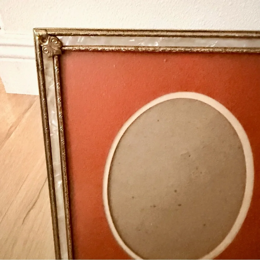 VTG Art Deco Metal Gold Tone, Mother Of Pearl & Orange Photo Picture Frame 8x10”